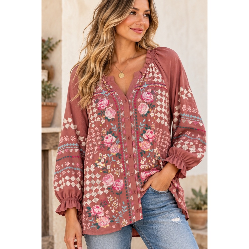 Savannah Jane Embroidered Boho Floral Blouse Dusty Rose Terracotta Large